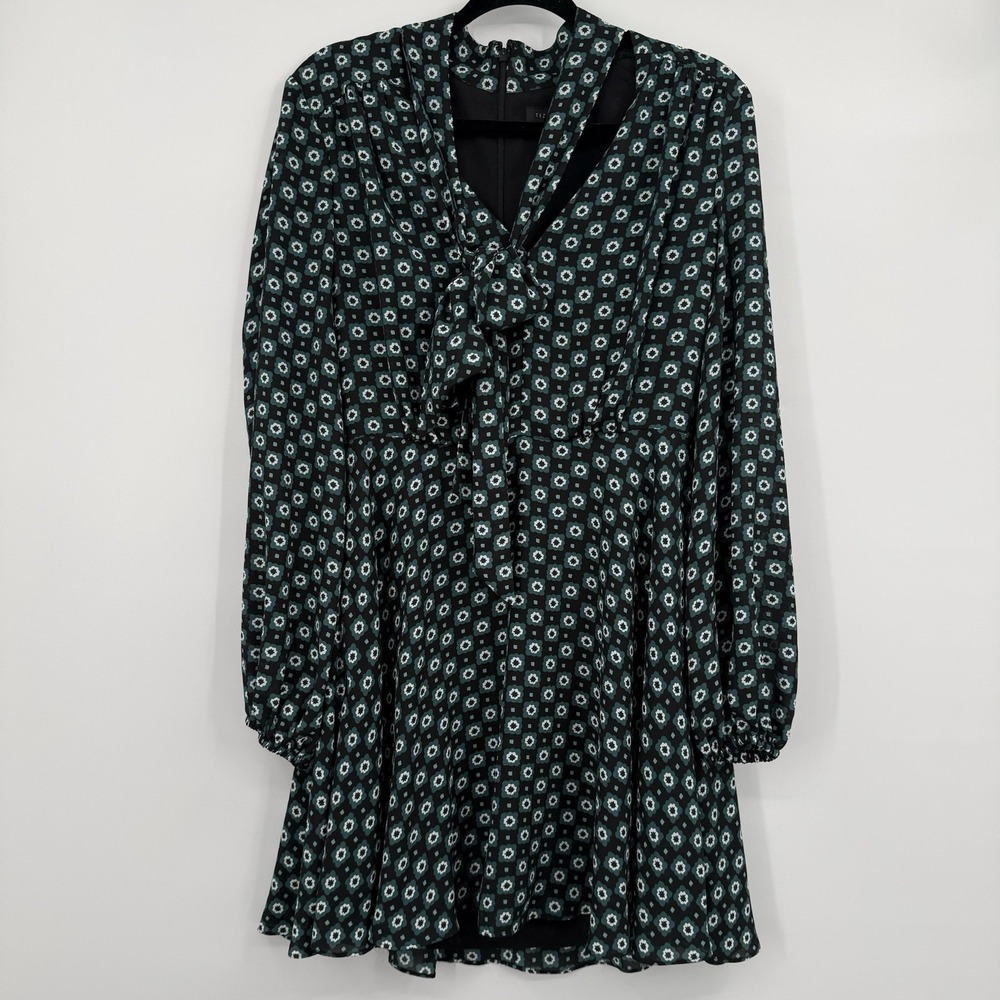 Ted Baker Dress Womens 2 US 4 Printed Neck Tie Long Sleeve Cinch Waist Mini - Picture 2 of 13